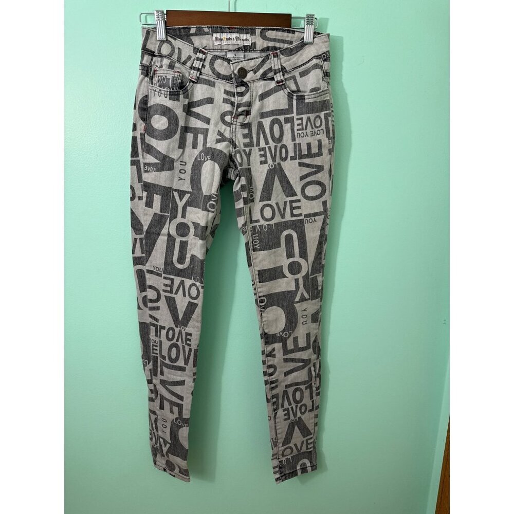 Diamonds & Threads Womens Skinny Jeans Love Print Gray White Size 5 Cotton Blend